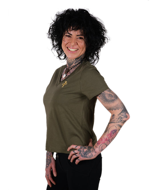 Nicki V-Ausschnitt Khaki R&D Logo Damen