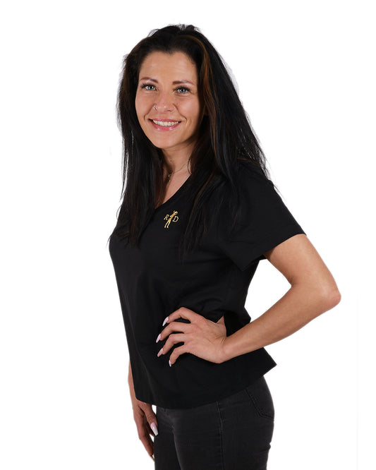 Nicki V-Ausschnitt Schwarz R&D Logo Damen