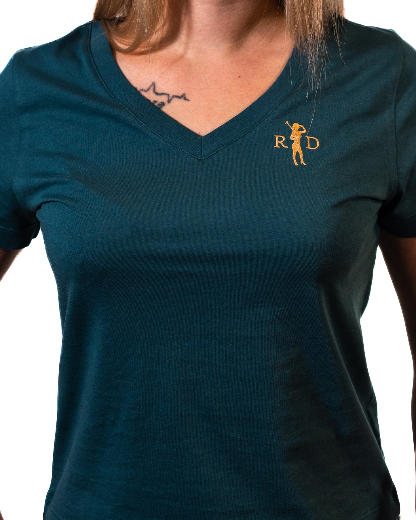 Nicki V-Ausschnitt Petrol R&D Logo Damen