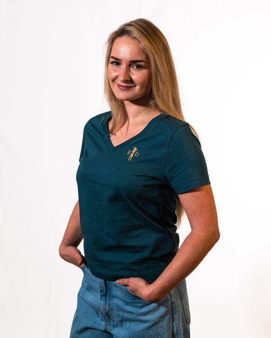 Nicki V-Ausschnitt Petrol R&D Logo Damen