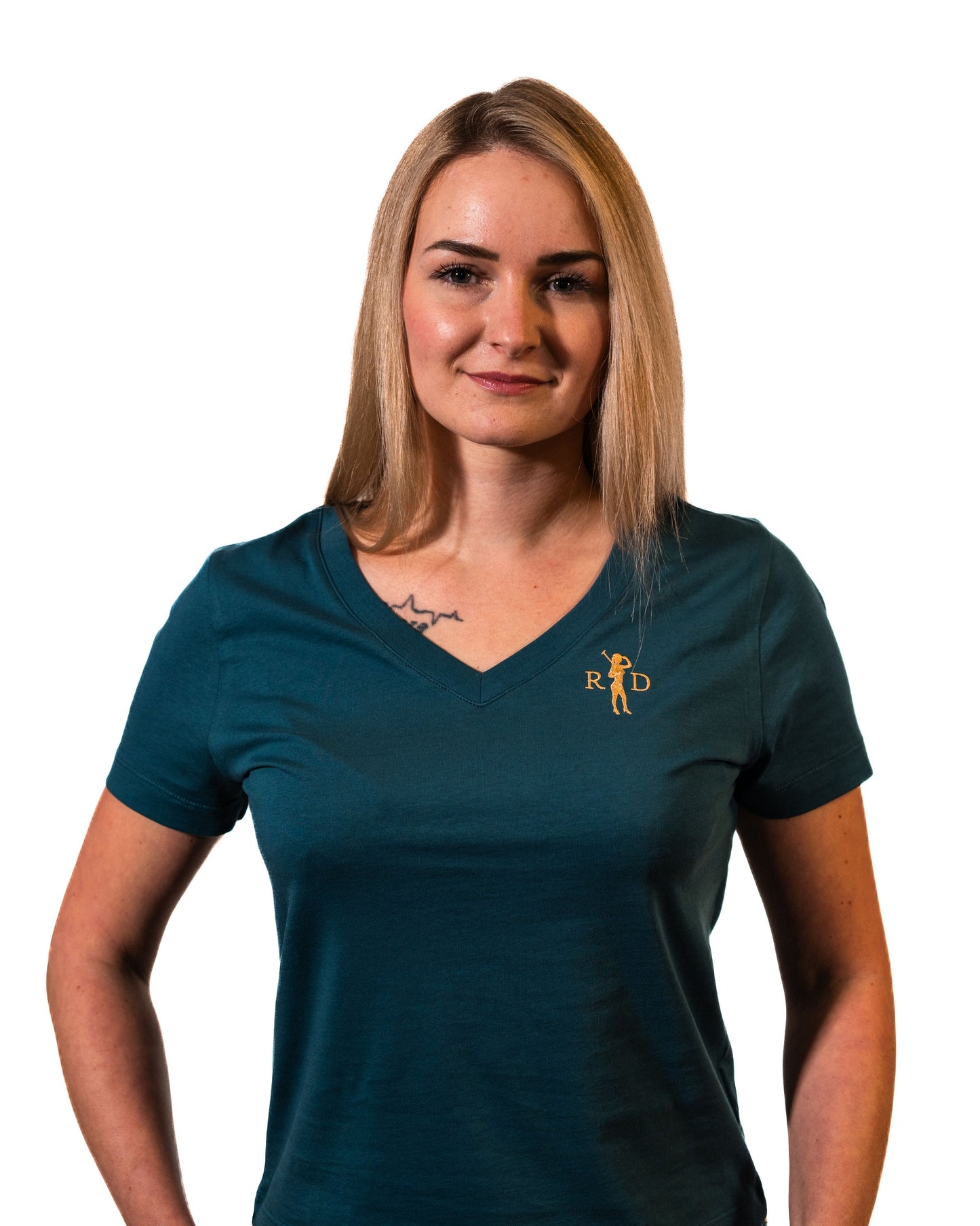 Nicki V-Ausschnitt Petrol R&D Logo Damen