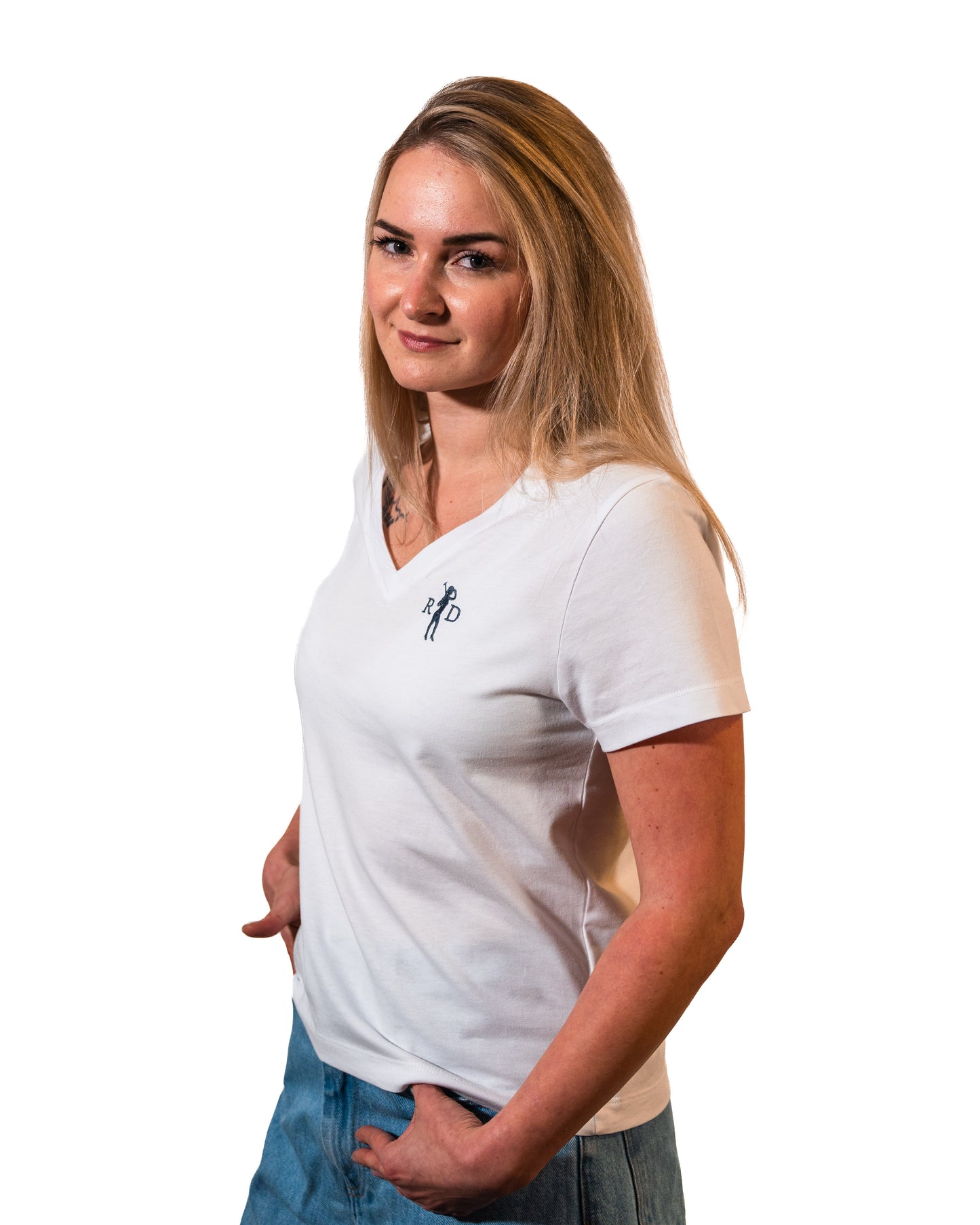 Nicki V-Ausschnitt Weiß R&D Logo Damen